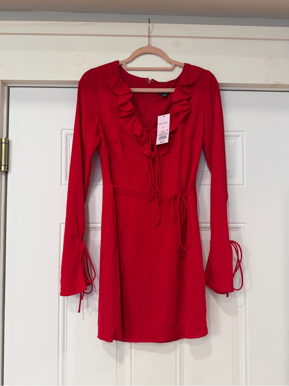 wild fable Red Ruffle Tie-Front Long Sleeve Dress